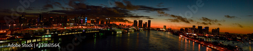 Port of Miami sunset city skyline view from cruise ship leaving the port