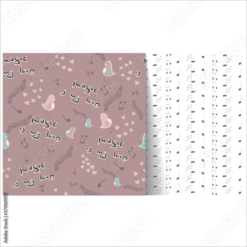Seamless pattern with music notes, birds and hearts in purple, vector illustration