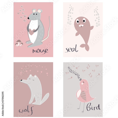 Set of 4 posters mouse, seal, wolf and bird , vector illustration