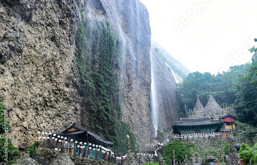 The landscape of Tapsa Temple in Mai-san, Jinan-gun, South Korea on a heavy rainy day, August 8, 2020 photo
