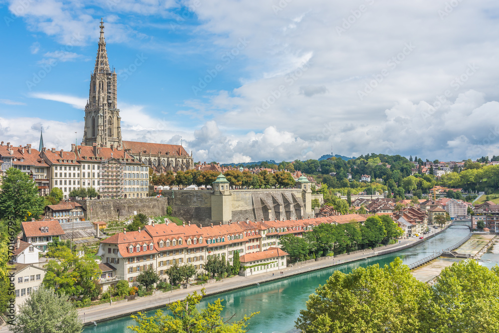 Cityscape of Bern, Switzerland, with dominant Bern Minster cathedral and the Aare river