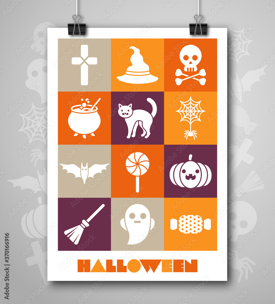 Halloween Poster or Flyer with Flat Icons Set. Greeting Card, Halloween Party Invitation Design. Vector illustration. Minimal Cover Design. Halloween menu design.