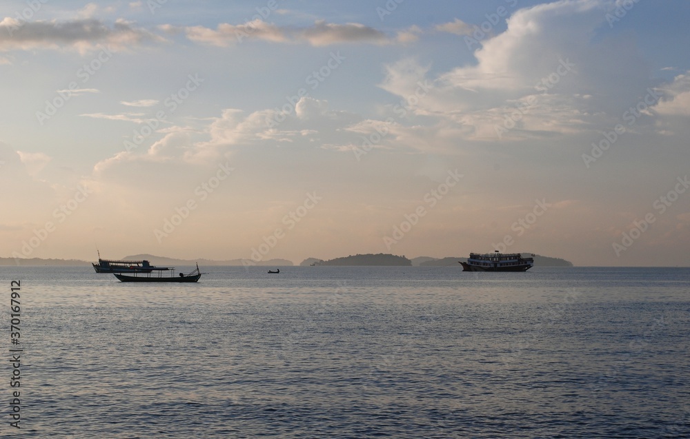 Ships and boats in the early November morning in the Gulf of Siam. Sihanoukville. Cambodia.