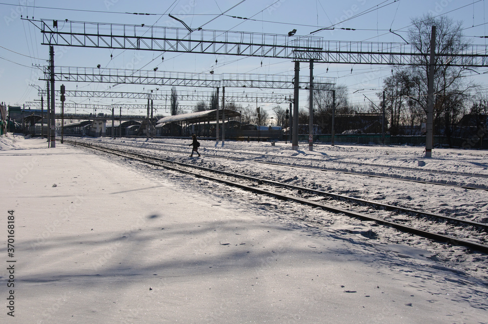 Ramenskoe. Moscow region. Russia. March 08.2018. Railway tracks of the Moscow-Ryazan railway on a Sunny day.