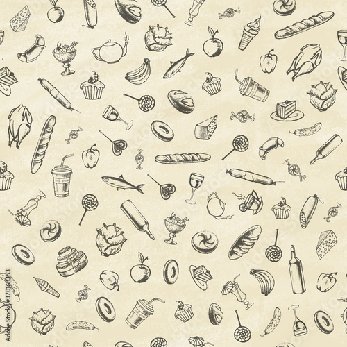 Collection of hand-drawn food on old paper. Retro vintage style food design.Seamless pattern. Vector illustration.