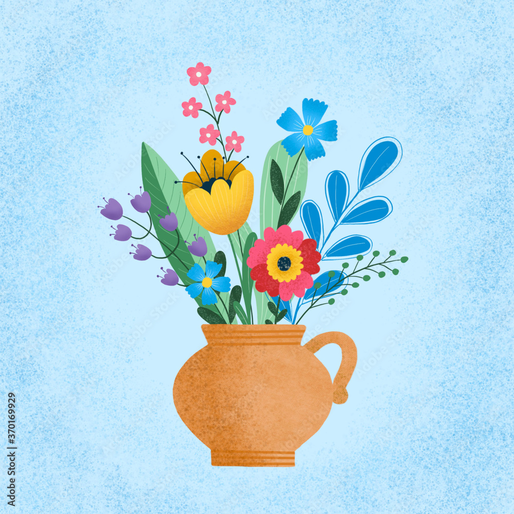 Obraz beautiful flower bouquets in wrapping and blooming plant in clay or plastic flowerpots. Tulip and bud composition. Decorative florist shop item on blue background