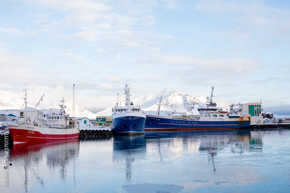 two boath Hofn Port Panorama on Winter ice beach with boat two boath Hofn Port Panorama on Winter ice beach with boat