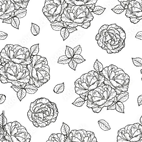 Roses Flowers Vector Outline. Flower and Leaves Seamless Pattern. Black and white Floral Vintage Background 