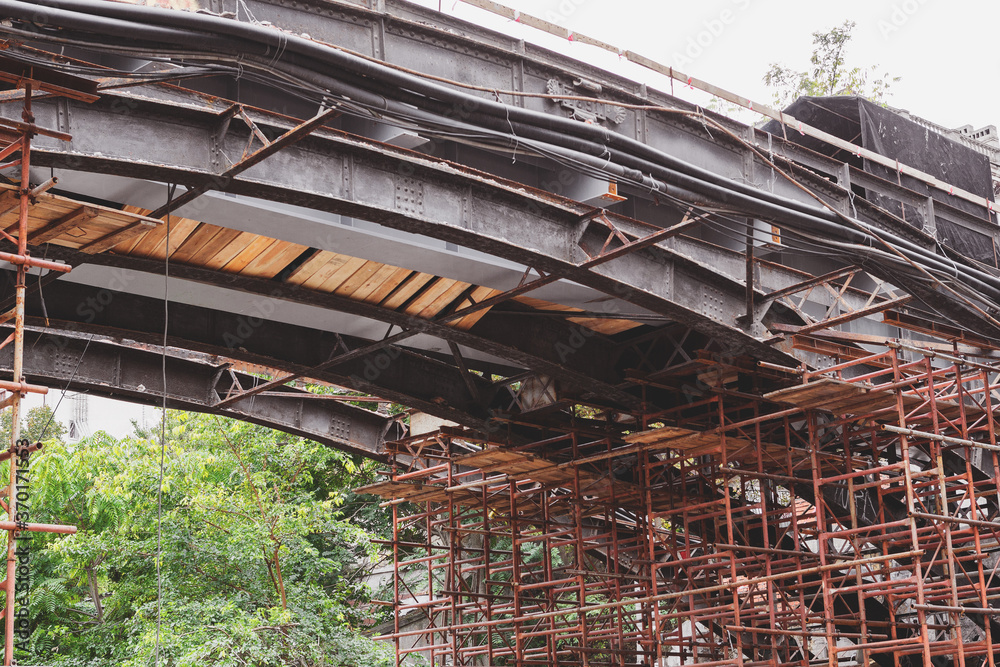 Supporting scaffold construction. Renovation of old bridge Supporting scaffold construction. Renovation of old bridge