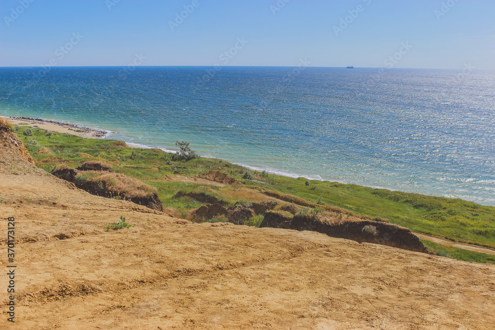 view of the coast of the sea. view from the top of the mountain. 