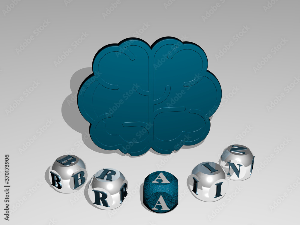 3D representation of brain with icon on the wall and text arranged by ...
