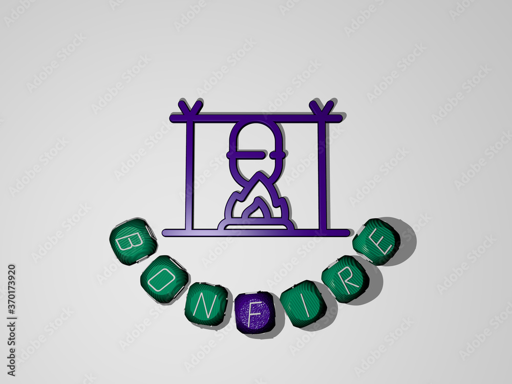 3D illustration of BONFIRE graphics and text around the icon made by metallic dice letters for the related meanings of the concept and presentations. background and burn 3D illustration of BONFIRE graphics and text around the icon made by metallic dice letters for the related meanings of the concept and presentations. background and burn