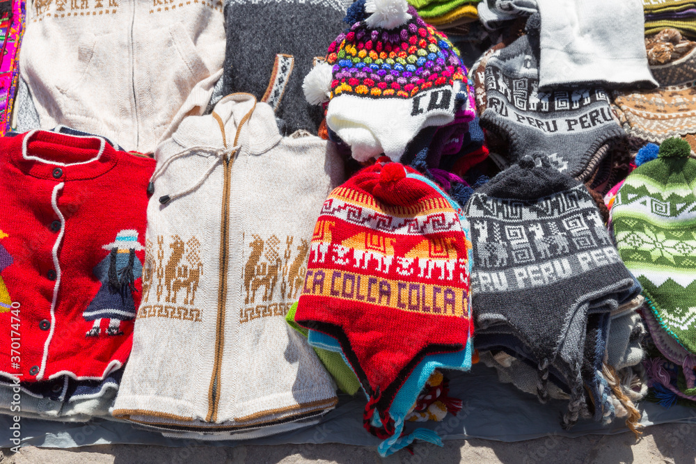 Handmade alpaca textile products  in Colca Canyon, Peru