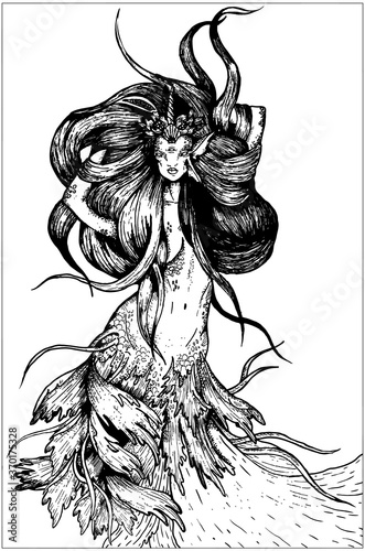 Magic isolated character, fairytale sea Queen, mysterious dark mermaid, beautiful nymph with long thick hair and crown on her head, with a large tail and fins, with scale, tentacles and seaweed.