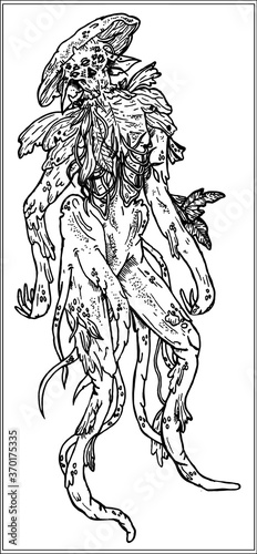 Magic isolated character - monster, fairytale dark giant mushroom with large, powerful legs, roots and tentacles, tall and harsh, with sharp ears, many eyes and various sprouts all over body.
