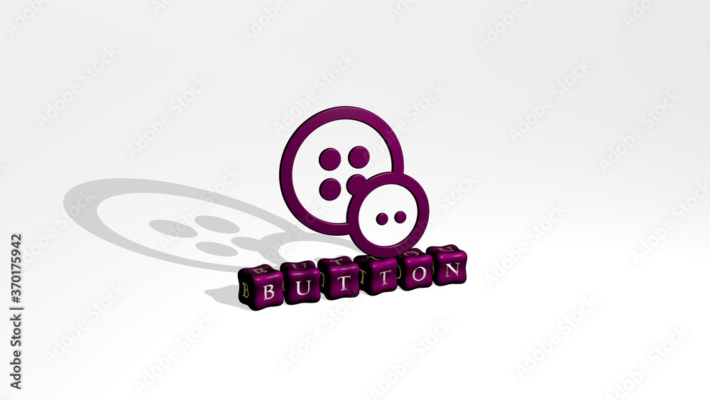 3D representation of button with icon on the wall and text arranged by metallic cubic letters on a mirror floor for concept meaning and slideshow presentation. illustration and background 3D representation of button with icon on the wall and text arranged by metallic cubic letters on a mirror floor for concept meaning and slideshow presentation. illustration and background