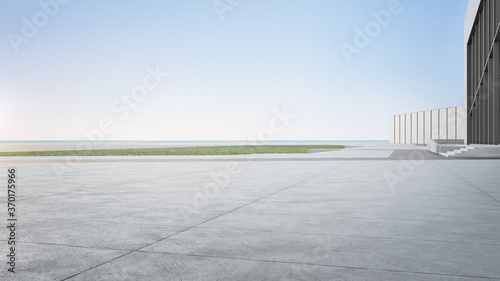 Empty concrete floor and gray wall building. 3d rendering of sea view plaza with clear sky background. photo