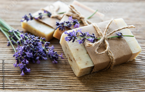 Bars of handmade soap with lavender photo