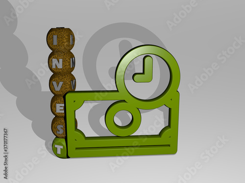 3D illustration of invest graphics and text around the icon made by metallic dice letters for the related meanings of the concept and presentations. business and investment