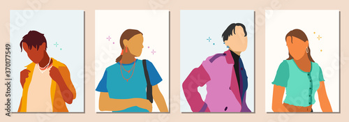 Set of Woman's ans Man's Face minimalist collage abstract contemporary fashion in a modern trendy colors, vector illustration