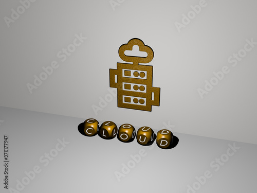 3D illustration of cloud graphics and text made by metallic dice letters for the related meanings of the concept and presentations. background and blue