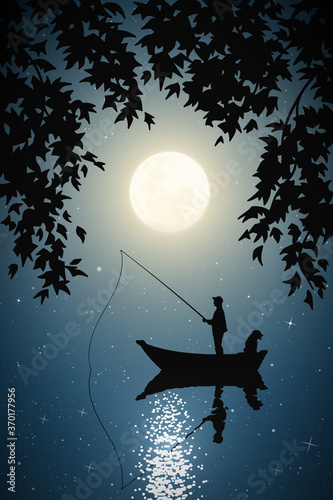 Man with dog in boat on moonlight night. Fisherman silhouette and moon