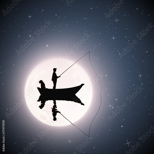 Wallpaper Mural Fisherman in boat with dog on moonlight night. Man silhouette catch fish with fishing rod on mirror lake. Full moon in starry sky. Vector illustration for use in polygraphy, textile, design, decor Torontodigital.ca