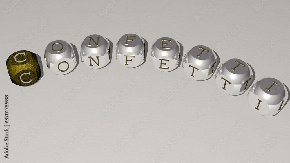 crosswords of CONFETTI arranged by cubic letters on a mirror floor, concept meaning and presentation. background and illustration crosswords of CONFETTI arranged by cubic letters on a mirror floor, concept meaning and presentation. background and illustration