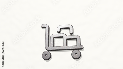 Obraz w ramie WAREHOUSE CART PACKAGES from a perspective on the wall. A thick sculpture made of metallic materials of 3D rendering. business and building