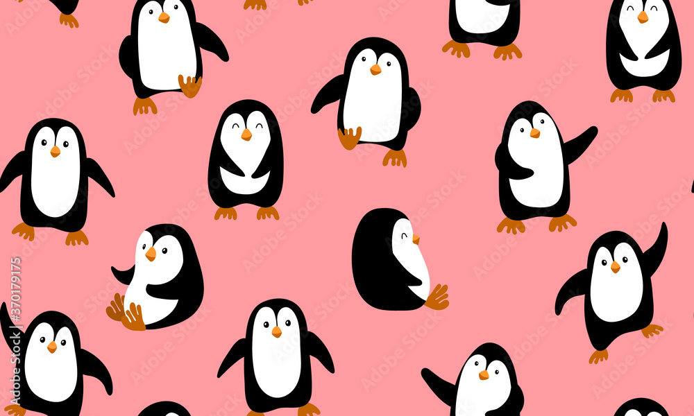 Obraz premium Seamless pattern with cute cartoon penguins on pink background. Vector illustration.