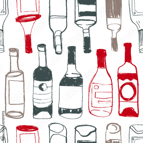 Wine seamless pattern with vector bottle linear Illustrations for restaurant banner design, bar sign, local wine events with wine bottles with line art icons. Wine house background. Alcohol backdrop.