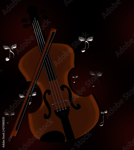 Violin with a bow. Winged notes on a red, theatrical background.