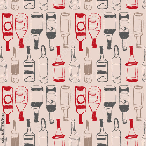 Canvas Print Wine seamless pattern with vector bottle linear Illustrations for restaurant banner design, bar sign, local wine events with wine bottles with line art icons