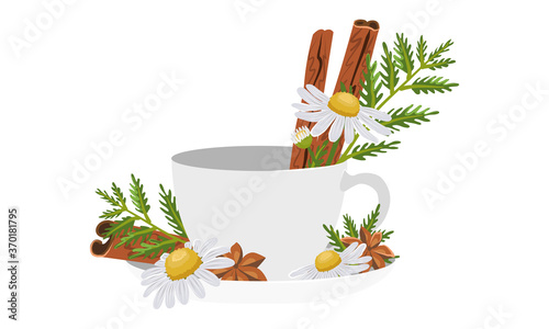 Ceramic white tea cup with chamomile flowers and cinnamon sticks. Vector illustration