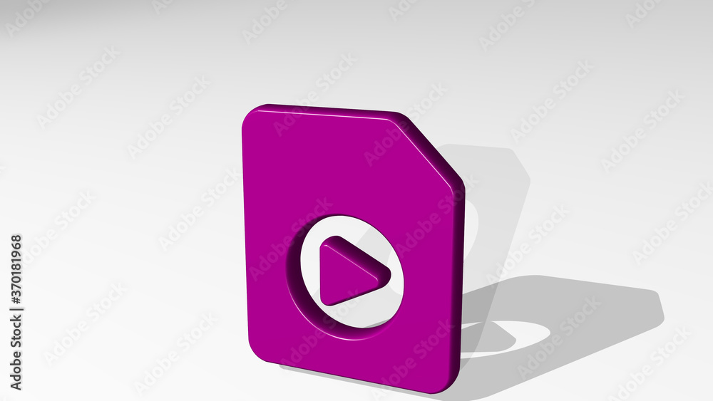 VIDEO FILE PLAY CIRCLE stand with shadow. 3D illustration of metallic sculpture over a white background with mild texture. camera and icon VIDEO FILE PLAY CIRCLE stand with shadow. 3D illustration of metallic sculpture over a white background with mild texture. camera and icon