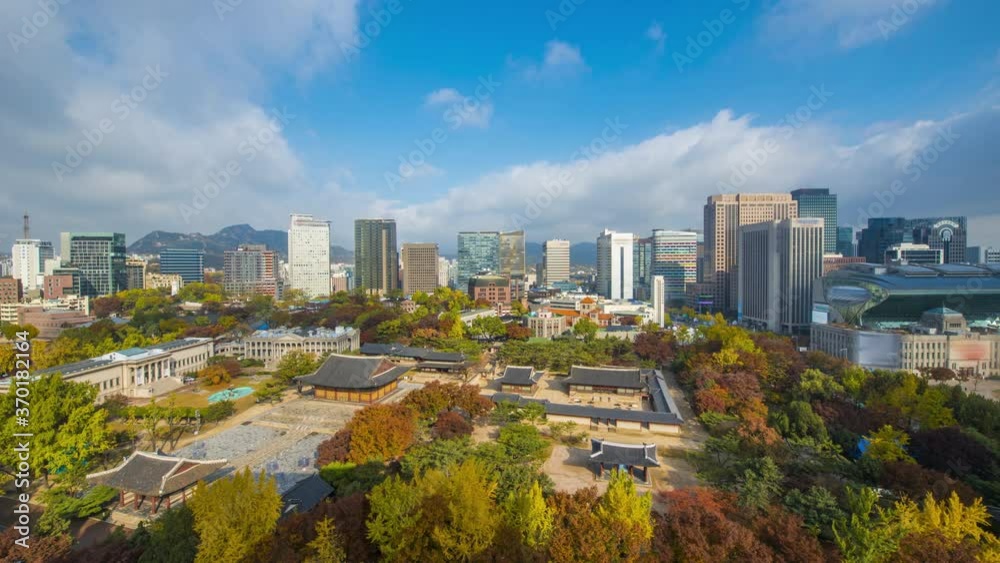 time lapse4k . Aerial view autumn at Deoksugung Palace. in Seoul, South Korea time lapse4k . Aerial view autumn at Deoksugung Palace. in Seoul, South Korea