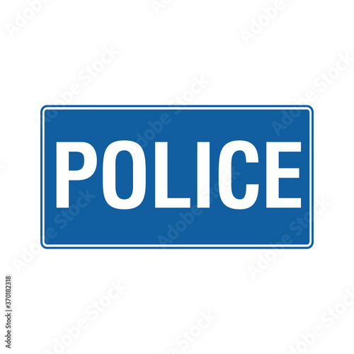 Police station road sign. Vector illustration of blue color plate with inscription POLICE. Police department office traffic sign isolated on white background.