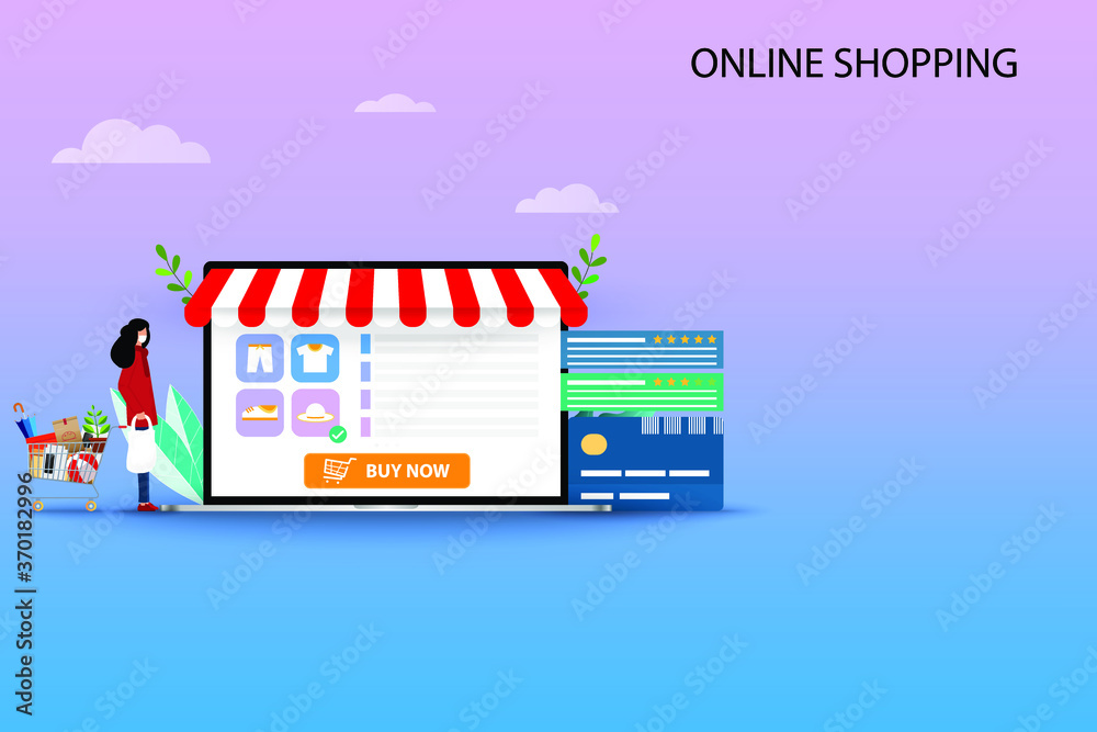 Concept of online shopping, young woman is standing near a big laptop that display contain list of products, customer rating and reviews to order a new hat in pastel color background. Concept of online shopping, young woman is standing near a big laptop that display contain list of products, customer rating and reviews to order a new hat in pastel color background.