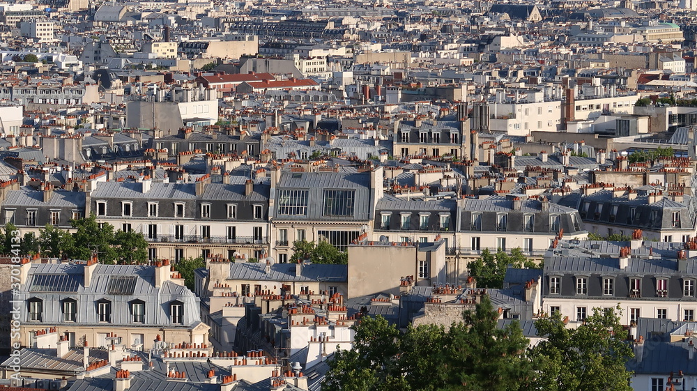 Immobilier à Paris, vue aérienne sur les toits de Paris, avec des immeubles typiques (France)