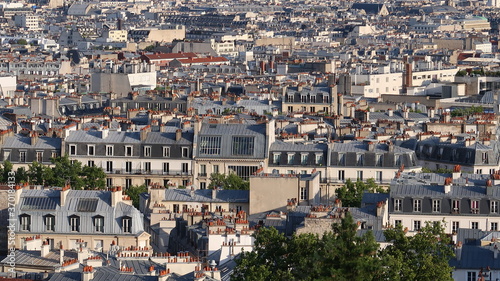 Fototapeta Naklejka Na Ścianę i Meble -  Immobilier à Paris, vue aérienne sur les toits de Paris, avec des immeubles typiques (France)