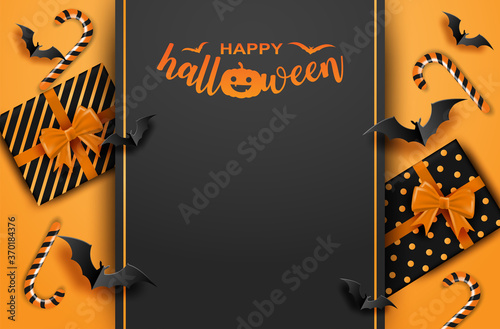 Happy Halloween. Design with gift box and bats on orange background. vector.