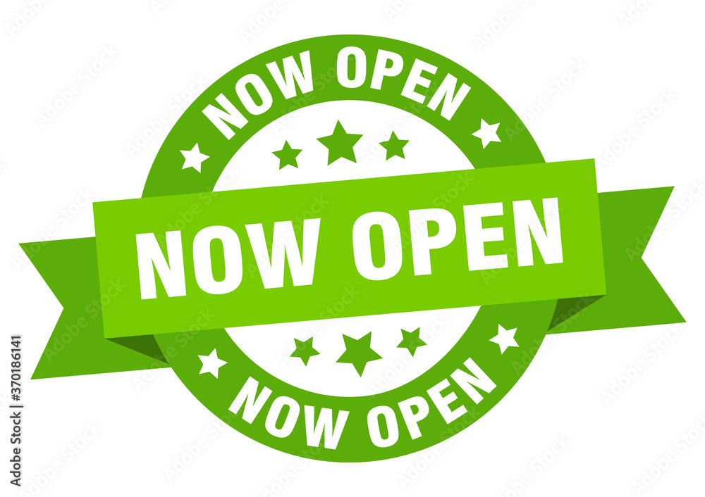 now open round ribbon isolated label. now open sign now open round ribbon isolated label. now open sign