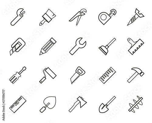 Hand tools  construction  icons  monochrome  outline. Thin linear drawing. Black icons on a white background. Vector.  