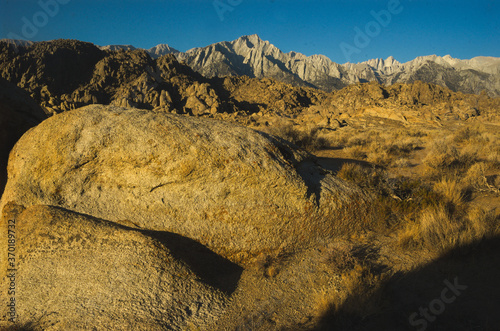 Magnificent landscape of Mount Whitney from Alabama Hills, displays the changing harsh desert with boulder, rocks, hills, and on eastern side of the Sierra mountains, rich in color inspiring.