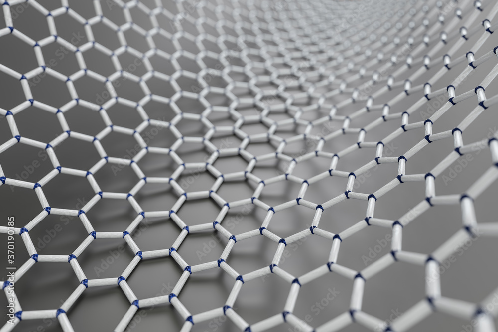 3D rendering of curved graphene sheet on grey surface, blue atoms and white bonds 3D rendering of curved graphene sheet on grey surface, blue atoms and white bonds