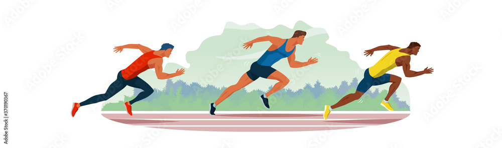 Athletes run through the stadium. Race of athletes. Young men are jogging in the fresh air. Vector flat design illustration. Sport competition between running men.