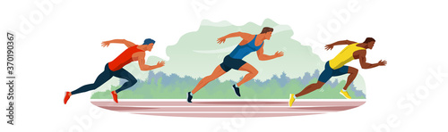 Athletes run through the stadium. Race of athletes. Young men are jogging in the fresh air. Vector flat design illustration. Sport competition between running men.