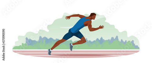 Athlete runs along the stadium track. Jogging train of a handsome guy with athletic physique in sportswear. Outdoor training run. Vector flat design banner illustration.