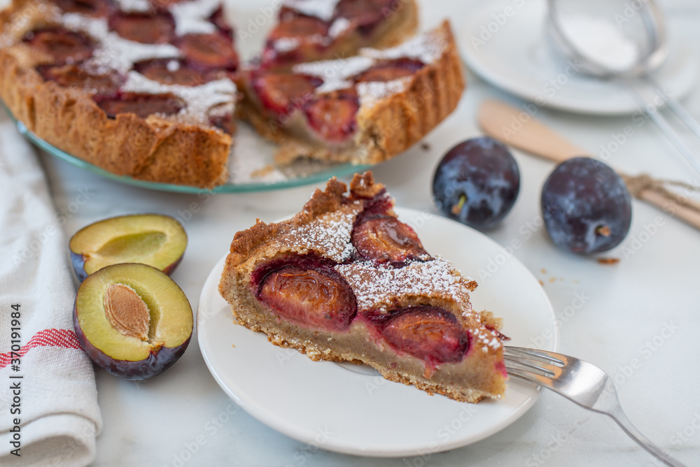 home made vanilla almond tarte with plums