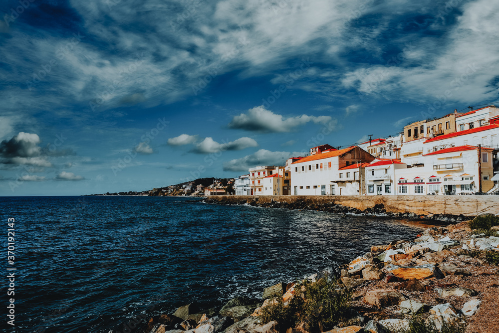 Scenic coastal village of Plomari (Plomarion) on beautiful island Lesvos (Lesbos) in Greece.